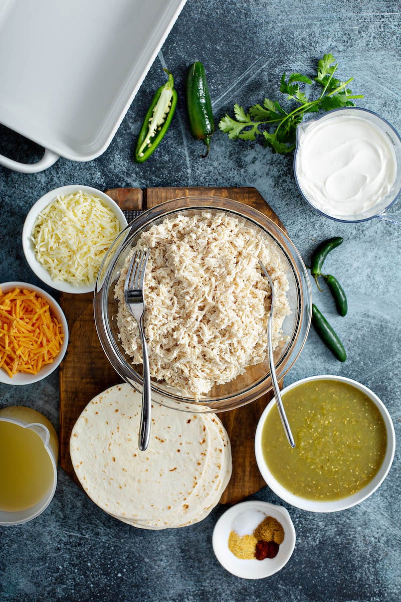 Ingredients in bowls to make Chicken Enchilada Recipe