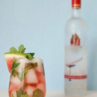 A glass filled with a watermelon cocktail, fresh mint and a watermelon slice