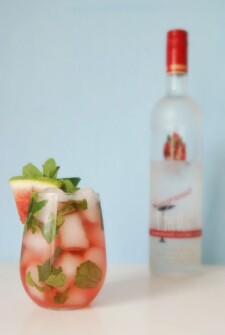 A glass filled with a watermelon cocktail, fresh mint and a watermelon slice
