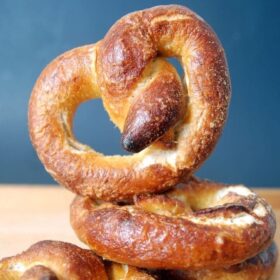 pretzels stacked on top of each other with one standing up