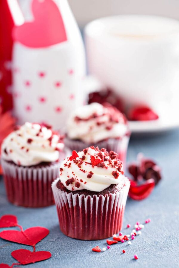 Red velvet cupcakes with decorations