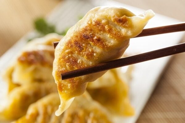 Chinese Dumpling (potsticker) being held with chopsticks. 