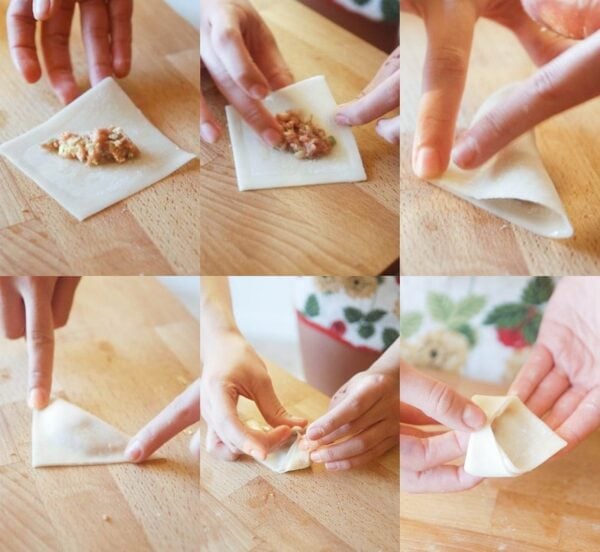 Step by step photos to show how to fold chinese dumplings wonton wrappers. 