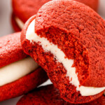 Landscape photo of red velvet whoopie pies.