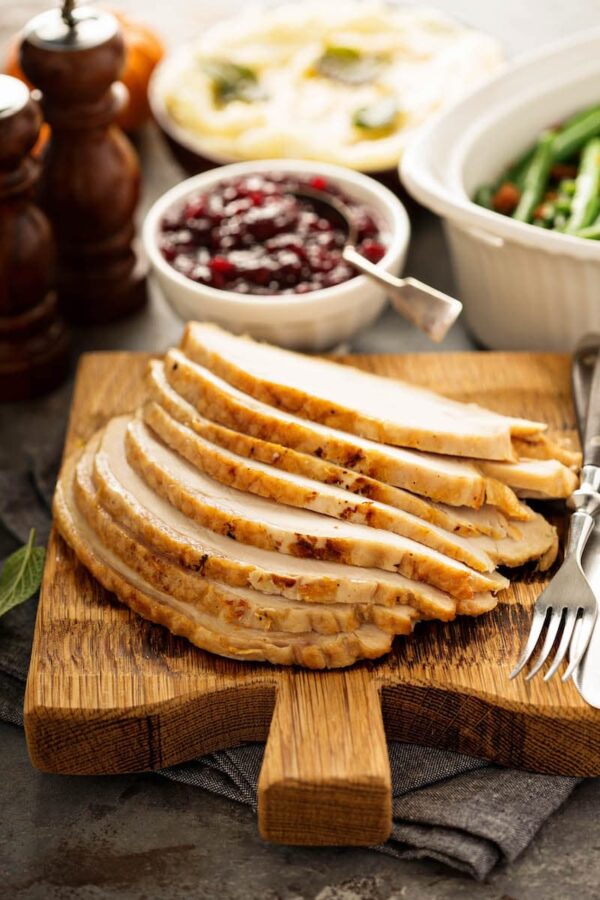 Sliced roasted turkey breast on a chopping board