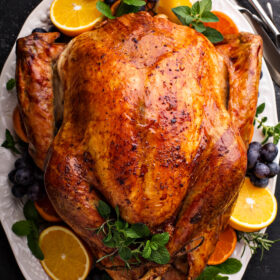 Roast turkey on a platter for Thanksgiving turkey.