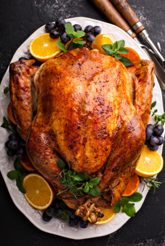 Roast turkey on a platter for Thanksgiving turkey.