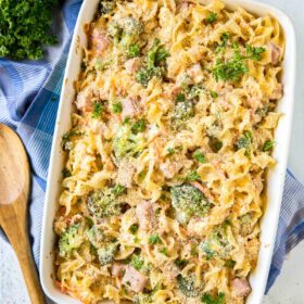 Freshly-baked casserole with homemade ham, egg noodles, veggies, and creamy cheese sauce.