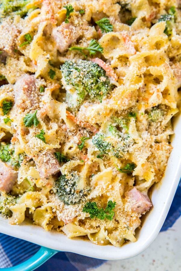 Creamy Ham Casserole with noodles and broccoli.