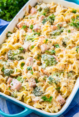Creamy Ham Casserole with vegetables and pasta tossed in creamy sauce.