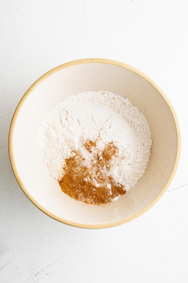 Dry baking ingredients in a mixing bowl.