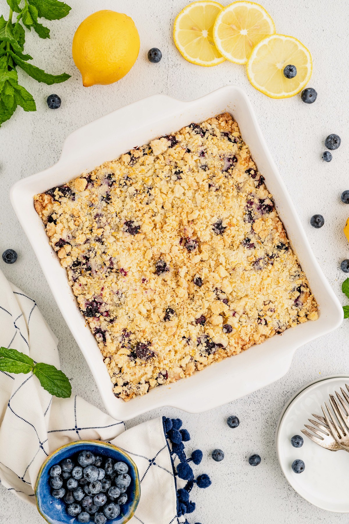 Overhead view of a pan of lemon blueberry buckle