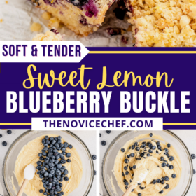 Pinterest graphic with photos of how to make lemon blueberry buckle