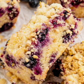 Pinterest graphic with a photo of lemon blueberry buckle