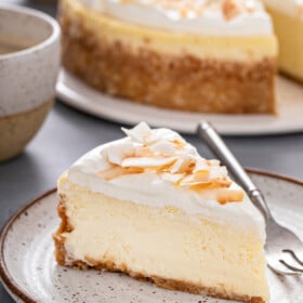 A slice of coconut cheesecake topped with whipped cream and toasted coconut.