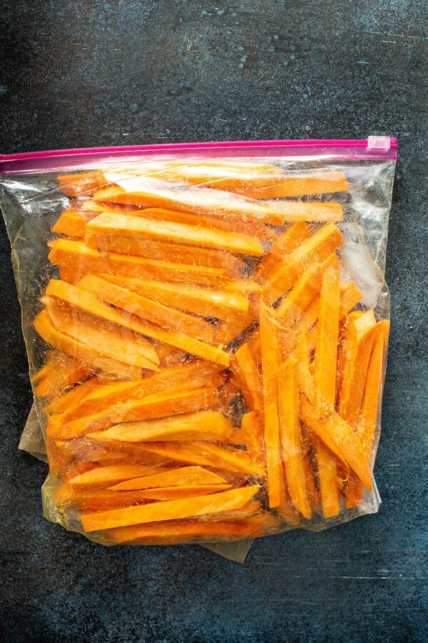 Sweet potato fries in a bag with cornstarch. 