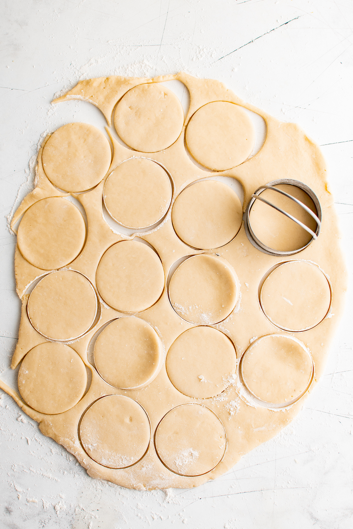 A rolled-out sheet of cookie dough cut into circles with a circular cookie cutter.