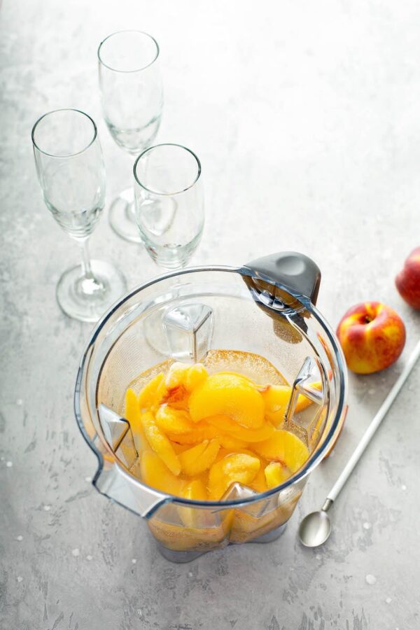 Peach Bellini Ingredients in a blender