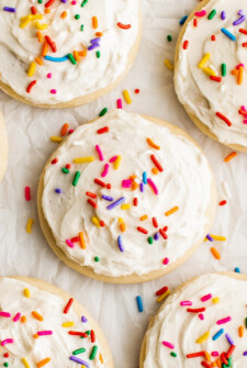 Close-up shot of frosted sugar cookies decorated with sprinkles.