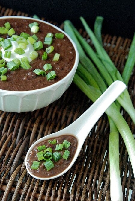 A spoonful of black bean soup with green onions on top