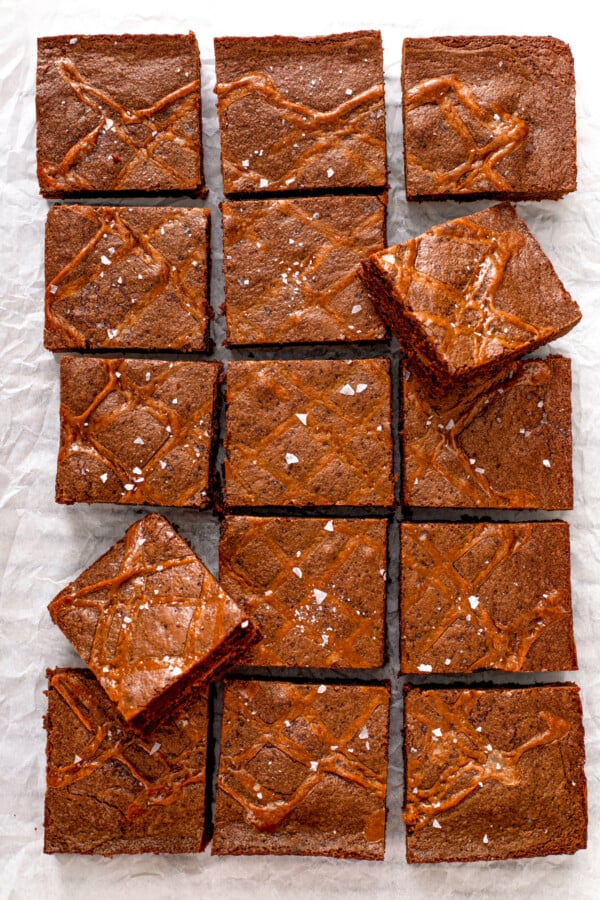Rich and moist salted caramel brownies cut into squares.