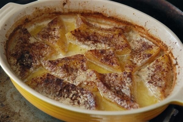 Baked Cushaw in a yellow casserole dish