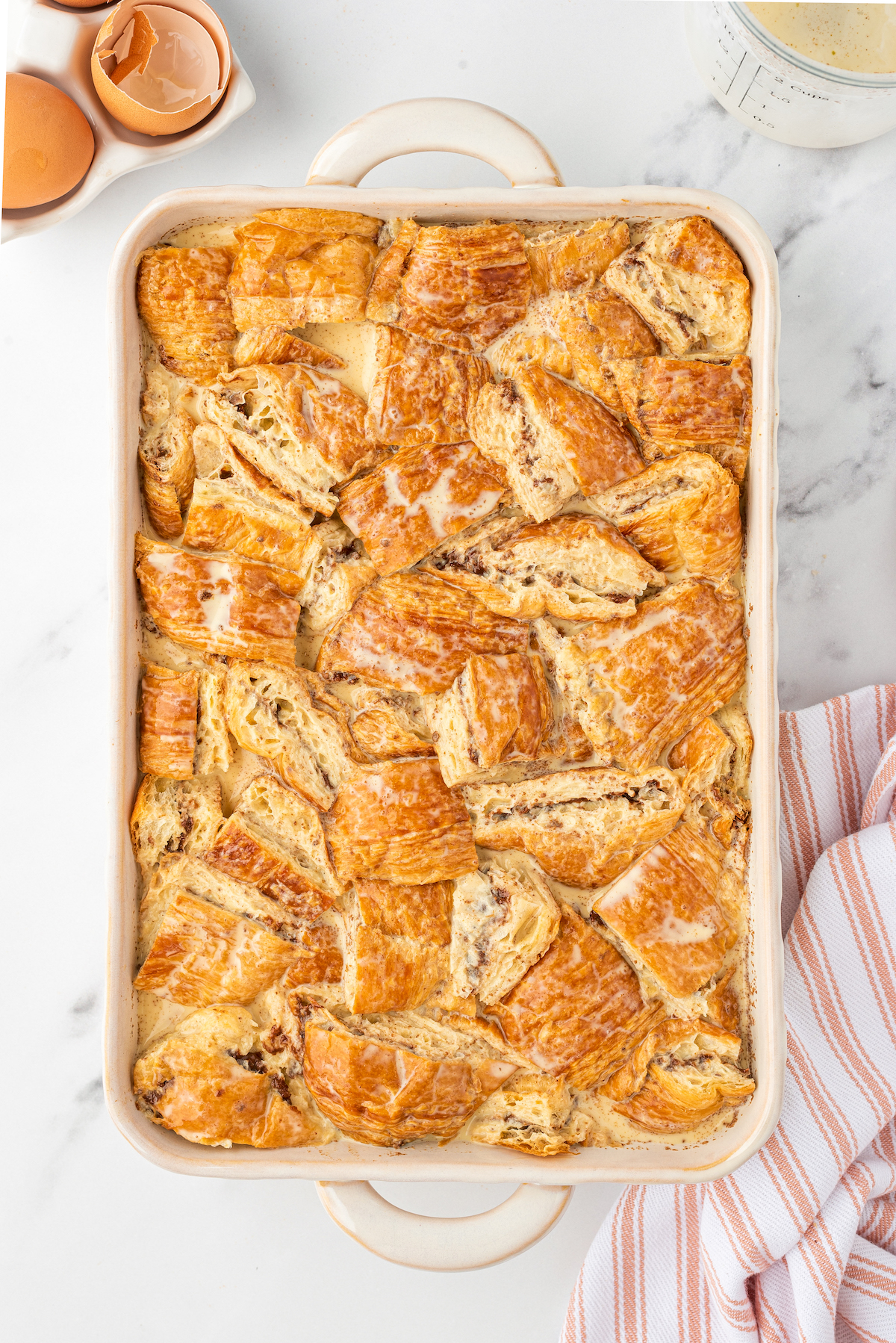 Unbaked Nutella croissant bread pudding.