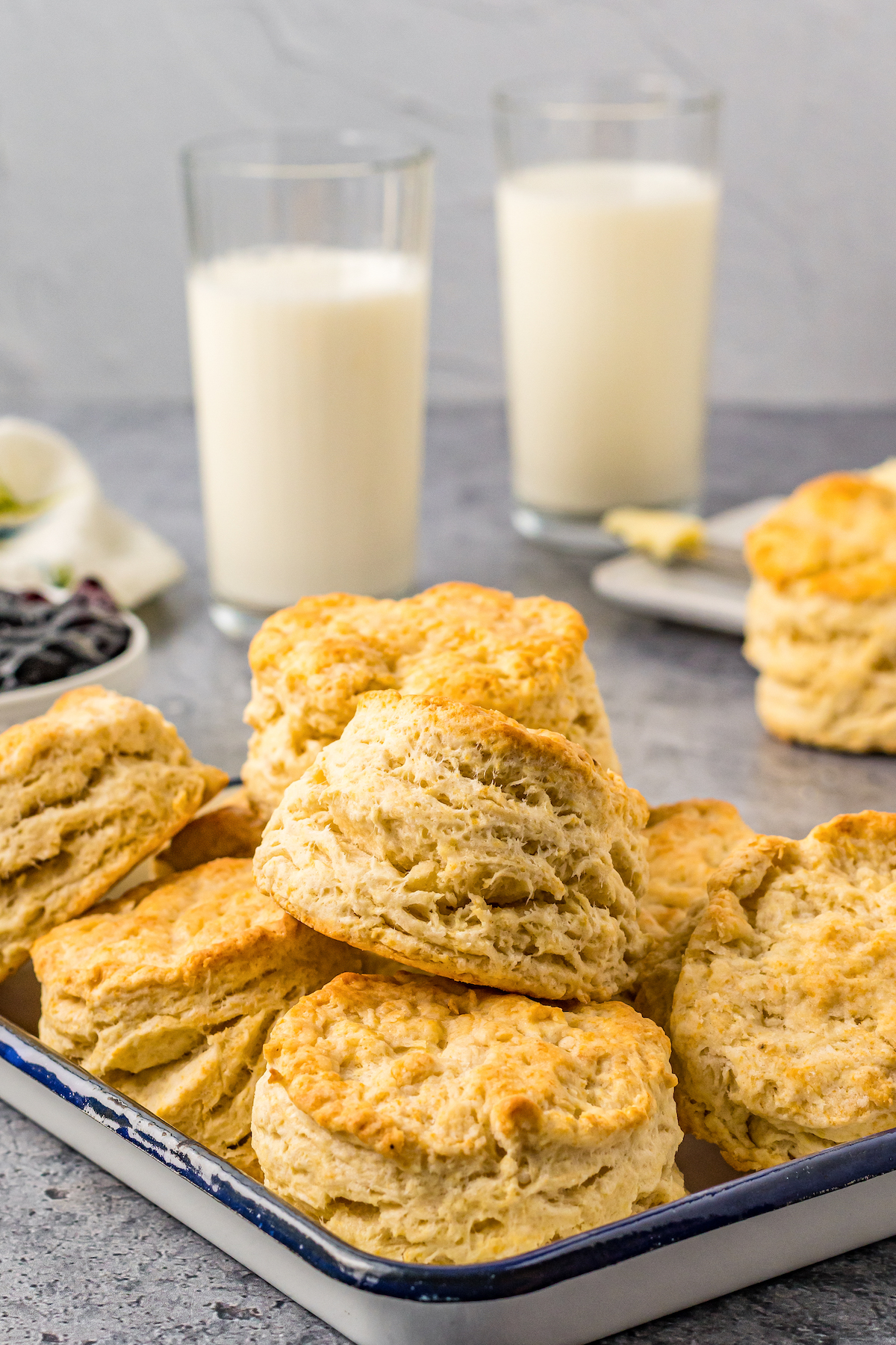 Biscuits on a tray, from the side, to show the layers.