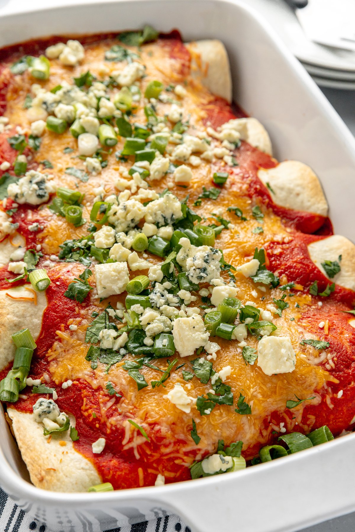 A close-up of a cheesy casserole garnished with bleu cheese and chopped green onions.