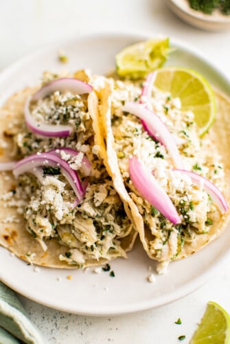 Two shredded chicken tacos propped up against each other on a serving plate.