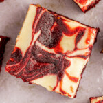 Landscape photo of red velvet cheesecake brownies.
