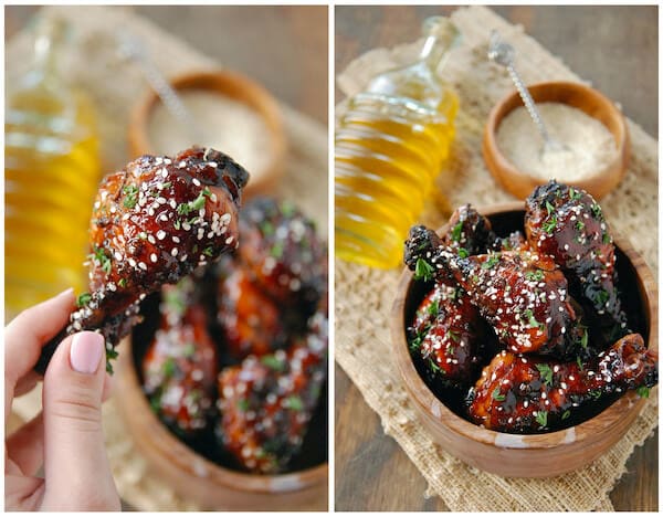 Sweet and sticky chicken drumsticks with sesame seeds.