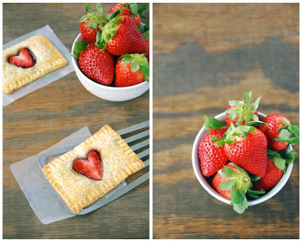 A strawberry pop tart on a spatula, and a bowl of strawberries.