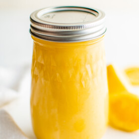 Lemon curd in a jar.