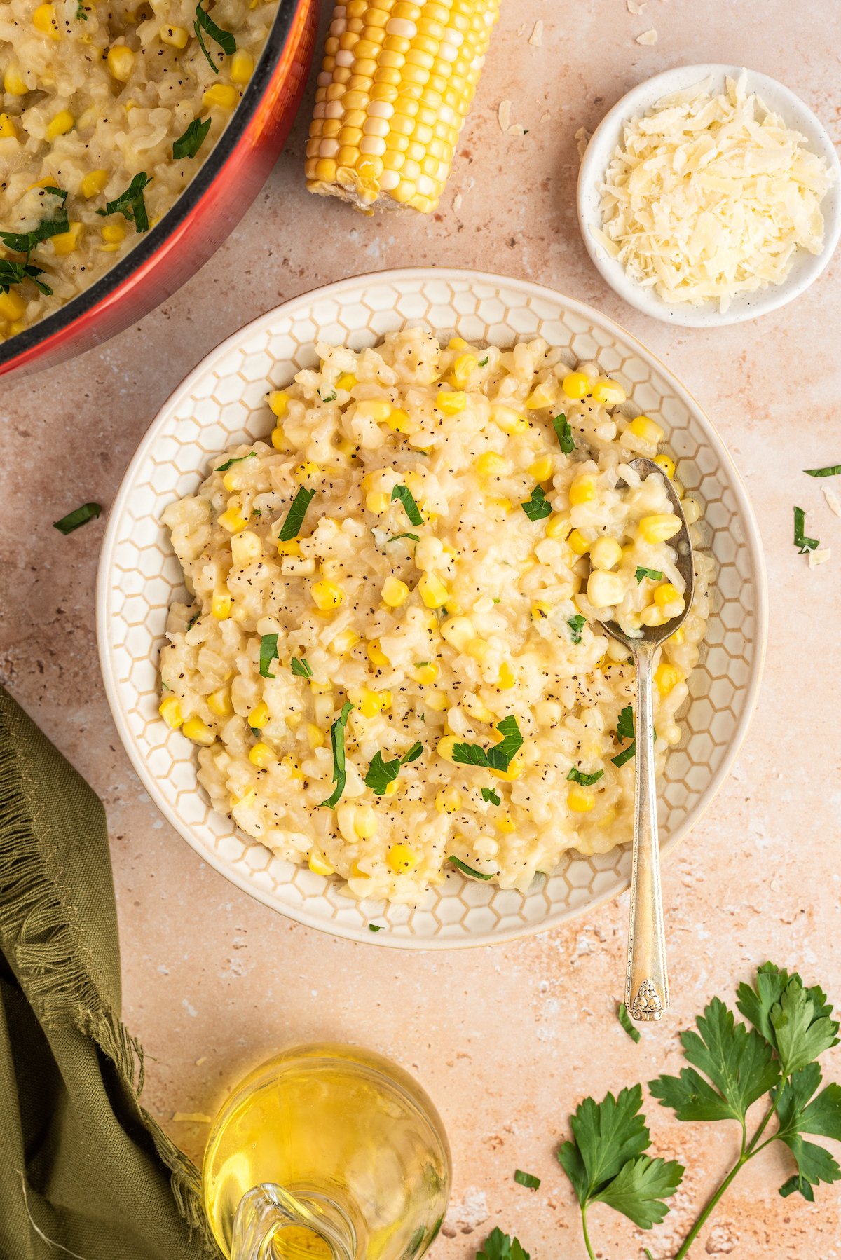 Sweet corn risotto on a serving plate.