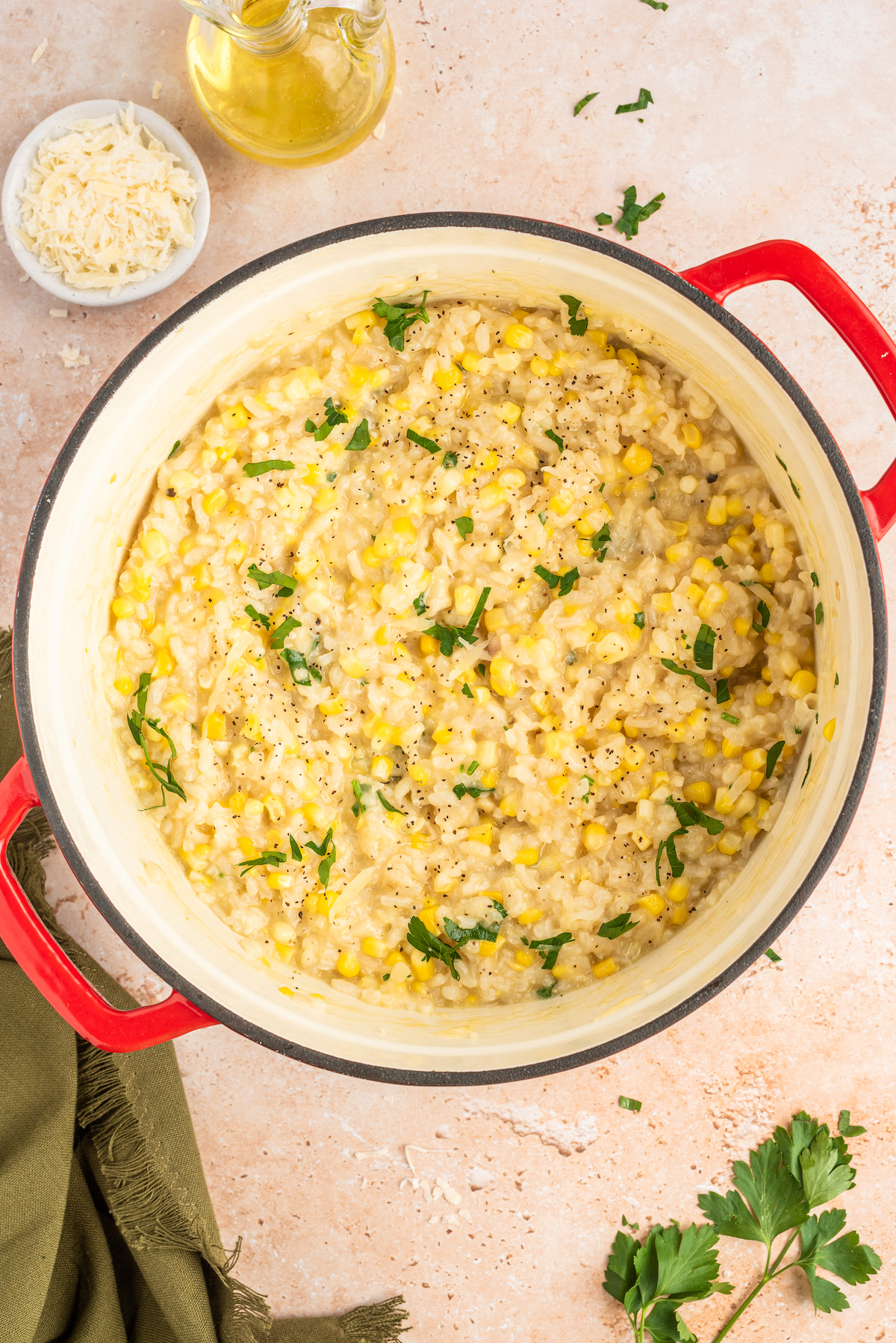 Cooked sweet corn risotto in the pot.