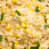 Recipe card image for sweet corn risotto.