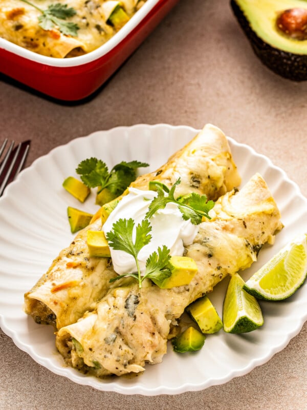 Two white chicken enchiladas with sour cream, avocado, and cilantro.