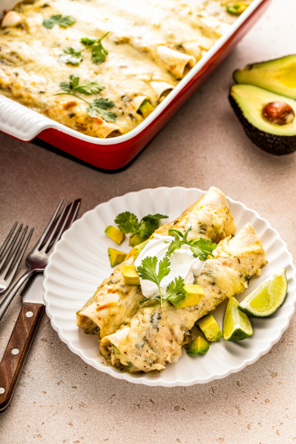 Two white chicken enchiladas on a plate with the baking dish in the background.