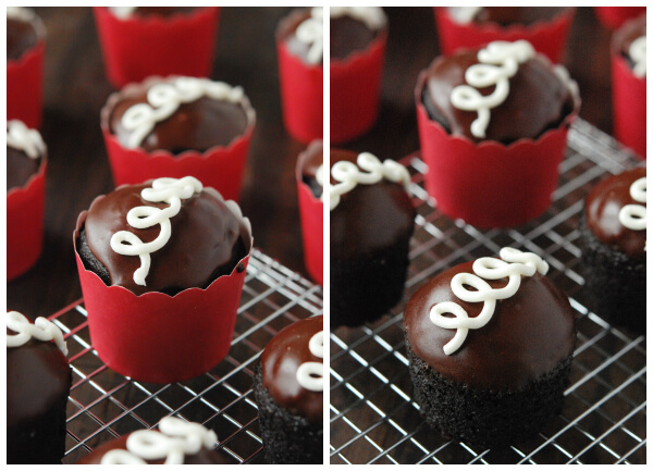 Homemade Hostess Cupcakes in red wrapper on a cooling wrack