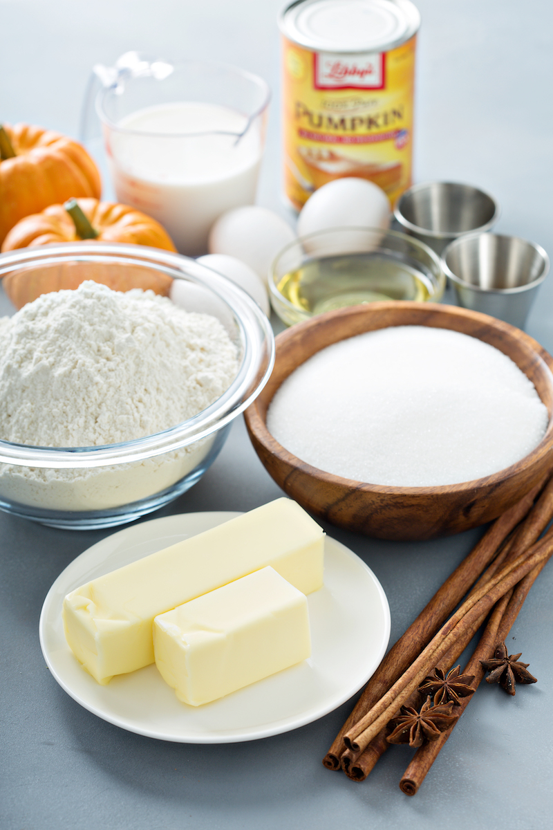 Pumpkin Cake ingredients in bowls. 