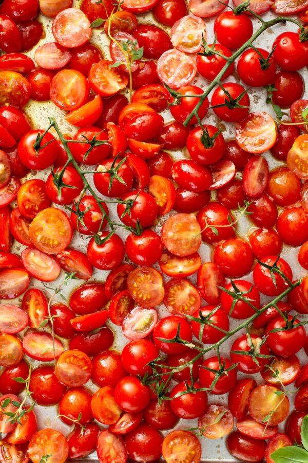 Fresh tomatoes on a sheet pan. 