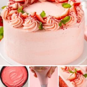 The best homemade strawberry cake recipe topped with fluffy frosting.