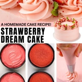 Cake batter is baked in two pans, then assembled and frosted with strawberry buttercream.