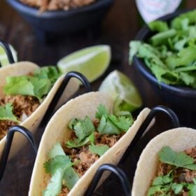 Pork carnitas in soft tacos shells topped with cilantro