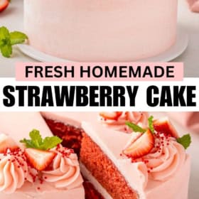 Fresh homemade strawberry cake is topped with fresh berries and swirls of frosting.