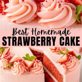 Fresh strawberry cake recipe is topped with swirls of sweet buttercream.