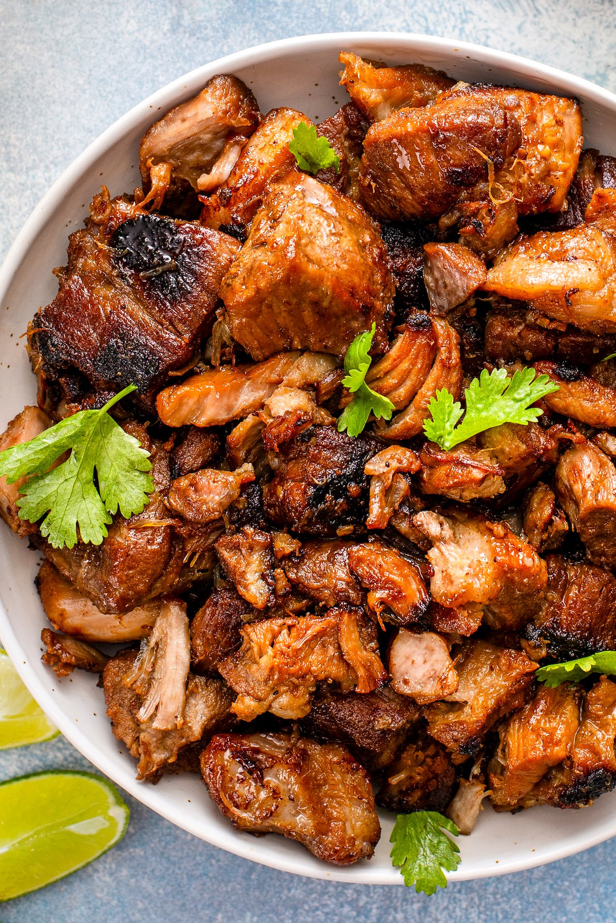 Bowl of tender and juicy carnitas with crispy edges topped with fresh cilantro.