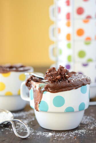 Chocolate Peanut Butter Mug Cake in a white and blue polka dotted mug