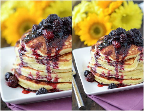 Side by side photos of a stack of Sweet Hoecakes with Blackberry Rum Sauce on a white plate